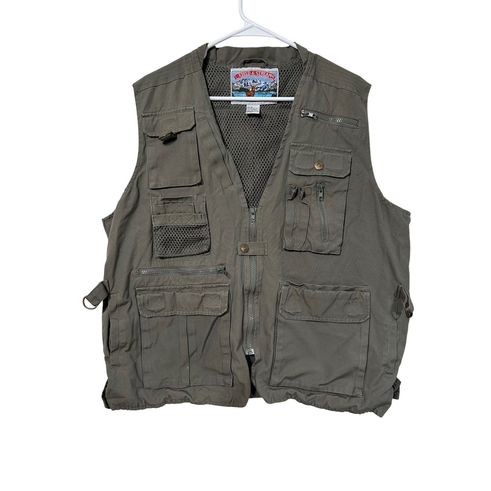 Vintage Field & Stream Mens XL Utility Fishing Vest Olive Green Cotton Pockets